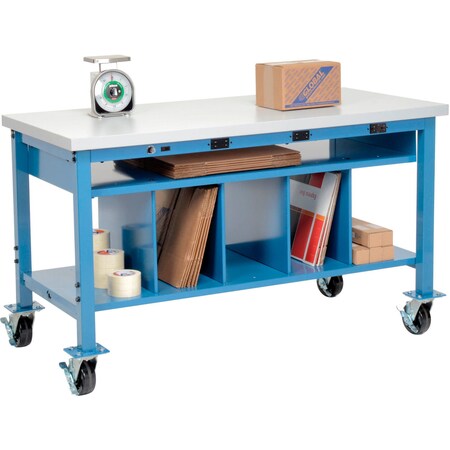 Global Industrial Mobile Packing Workbench W/Shelf & Power, Laminate Square Edge, 72inW x 36inD 412465AB